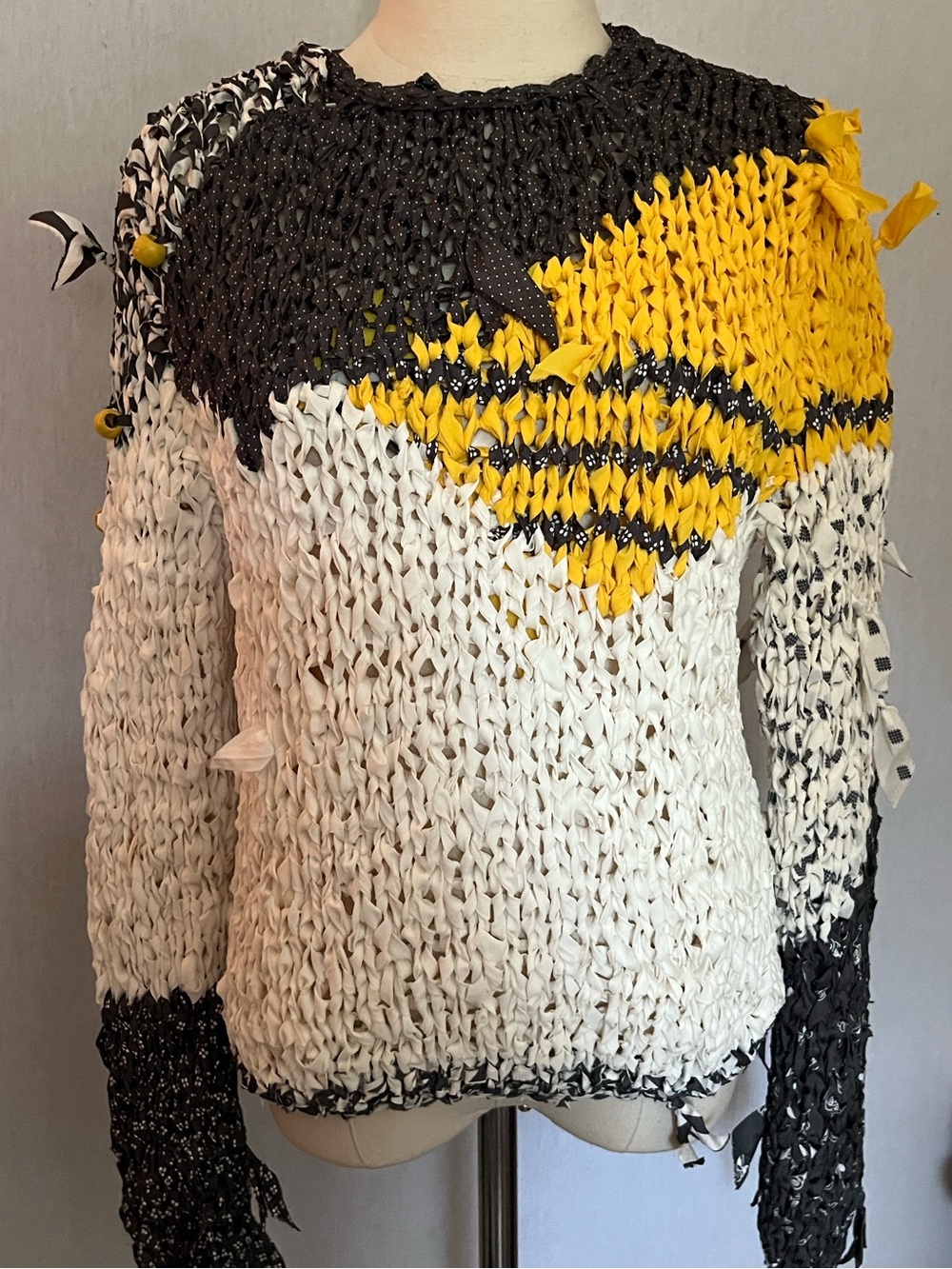 Hand-knit Billie inspired Chunky Knit Scrap Sweater Yellow Black White
